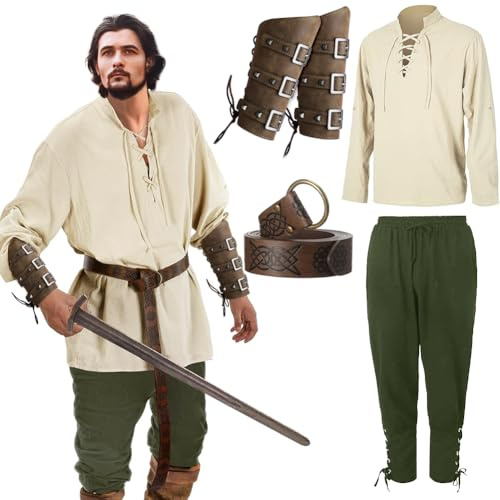 Costume de style Renaissance pour homme 5 pièces, chemise à manches longues, pantalon à bande de cheville vert, bracelet en cuir synthétique, ceinture viking, pour Halloween, cosplay, fête, costume de