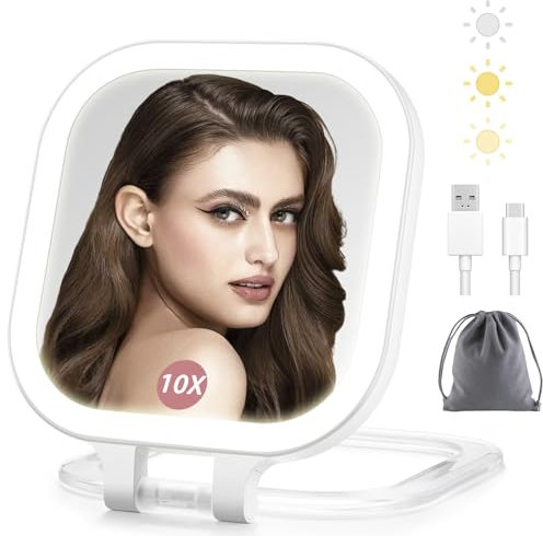 Rechargeable Travel Makeup Mirror with Light,1X/10X Double Sided Magnifying Mirror,Portable Lighted Makeup Beauty mirror,3 Color Lighting,Dimmable Touch Screen, Foldable/Handheld/Hanging/Desktop
