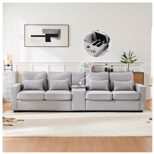 Divano moderno a 4 posti in tessuto di lino con console, 2 portabicchieri, 2 porte USB per la ricarica con cavo, con tasche sui braccioli e 4 cuscini, divano semplice per soggiorno, casa, ufficio,Gray