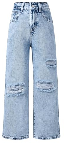 SEAUR Jeans Déchirés pour Filles Taille Haute Denim Jeans élastique Baggy Casual Trousers Stretchy Vintage Pants 140