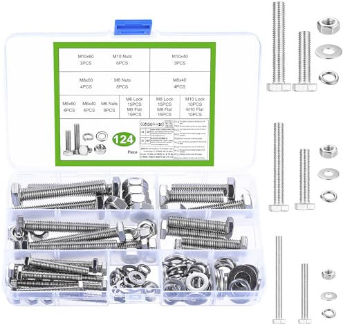 124 Stück M6 M8 M10 Schrauben Set, Sechskantschrauben Muttern Set, Maschinenschrauben Sortiment, Edelstahl Gewindeschrauben mit Muttern mit Unterlegscheiben Set zur Reparatur