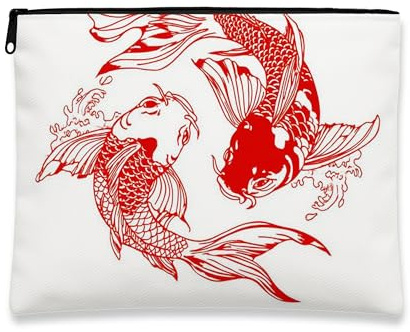 Bolsa de maquillaje con diseño oriental de peces de carpa, bolsa de viaje portátil de lona pequeña con cremallera, bolsa de aseo para festivales de verano, Rojo -, 7x9 Inch, Peces de carpa
