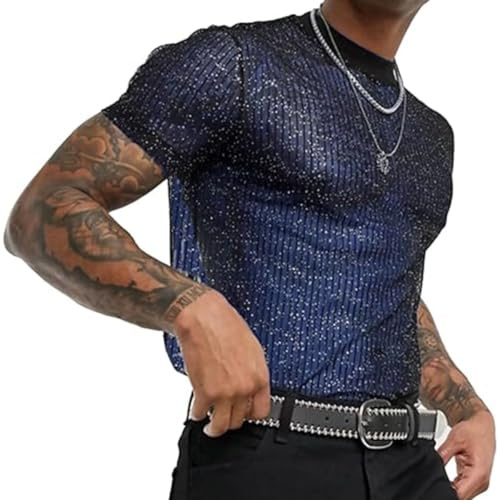 Men's Shiny Shirts, Short Sleeve Round Neck Sparkly Disco Rave Hot Tops, Mesh Sheer Sequins Party Clubwear Holiday Tee Top, Sexy Breathable Transparent Regular Undershirt for Nightclub Daily Wear