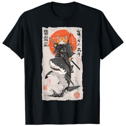 Epic Ninja Cat Riding Shark Funny Japanese Ukiyo-e Art T-Shirt