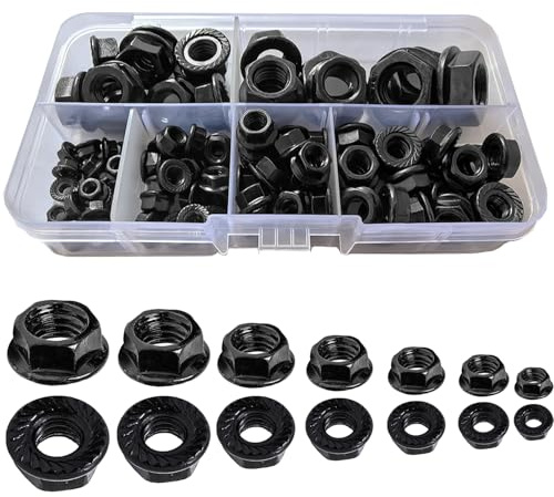 WeqeYent 108 stycken svarta tänder fläns hex lock muttrar kit | Kolstål självlåsande gängmutter för skruvar och maskiner M3/M4/M5/M6/M8/M10/M12
