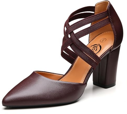 Trary Women's Pumps Chunky Closed Pointed Toe Block Heels for Women Dress Shoes Elastic Crisscross Strappy 3.15 Inch Comfortable for Wedding Bridal Burgundy