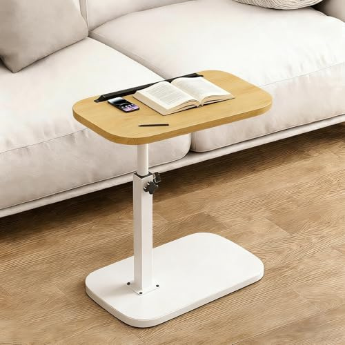 YushengTai Tavolino girevole a 360°, divano sollevabile e pieghevole, regolabile in altezza, 45 – 80 cm, comodino, tavolino da salotto, tavolino piccolo in stile retrò (colore legno + scaffale bianco)