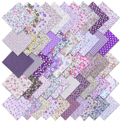50 Pcs 12.7 x 12.7 cm Purple Cotton Fabric Squares, 5 Inch Pre Cut Cotton Floral Fabric for Quilting Sewing Patchwork Quilt Bags DIY Crafts Home Decor Making Supplies Layer Cakes (Purple)