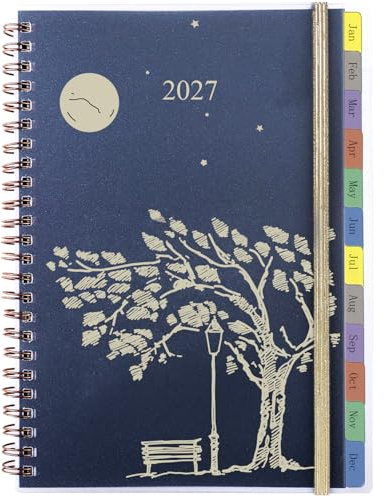 Agenda 2027 Semana Vista A5, Planificador Espiral con Pestañas Mensuales, Cierre Elástico, Bolsillo Trasero, Enero-Diciembre