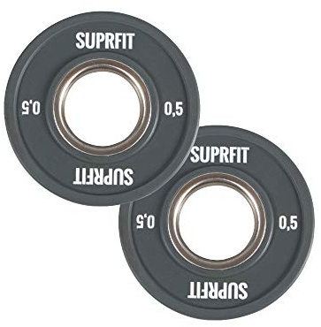 Suprfit Mini PU-stötfångare Plates – gummerade hantelskivor för teknikträning med hantelstången, individuell vikt: 0,5–2,5 kg, stålring med 50 mm diameter, alternativ: enkel, par eller set