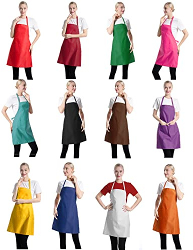CWFUN Bib Aprons Bulk for Women Men Unisex Waterproof apron for Cooking Baking Kitchen Restaurant Crafting Painting Apron- Bulk Aprons for Girls Waiter Waitress Apron,12 Packs-Multicolours