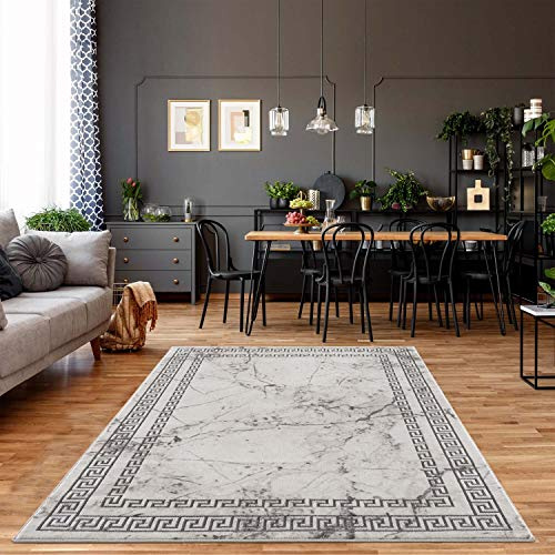 carpet city Teppich Wohnzimmer - Bordüre, Stein-Optik 140x200 cm Grau - Moderne Teppiche Kurzflor