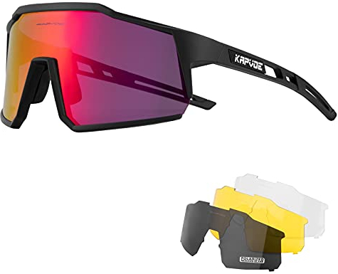 KAPVOE Polarisiert Fahrradbrille mit 4 wechselgläser TR90 Rahmen für Herren Damen Sport Radfahren MTB Sportsonnenbrille Radbrille Sportbrille Fahren Angeln Baseball Laufen rot Schwarz 01
