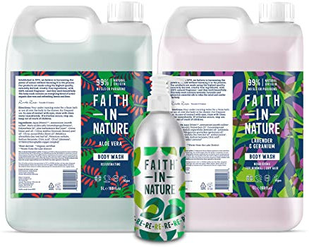 Faith In Nature Body Care Bundle Featuring: Aloe Vera Body Wash 5L, Lavender & Geranium Body Wash 5L and Aluminium Refill Bottle 450ml