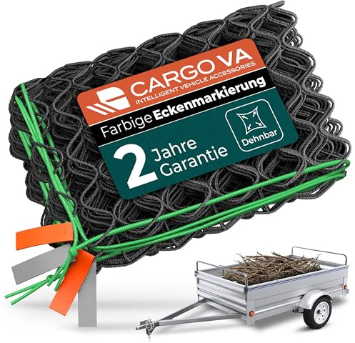 CargoVA® Rete intelligente estensibile 1x2 fino a 2x3m - Rete elastica nera con corda elastica, 20 ganci per teloni e marcatura angoli - Per una perfetta sicurezza del carico