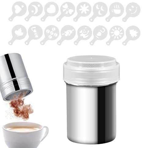 1 Pièces Saupoudreuse pour Cacao en Acier Inoxydable 16 Pièces Pochoirs à Café Sucre Shaker à Chocolat pour Cuisine Café, Cannelle, Dragées, Poudres, Épice