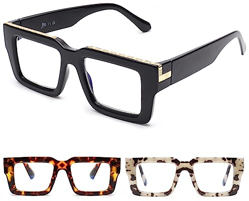 JM Gafas de Lectura Mujer con Bisagra de Resorte, Gafas Presbicia Anti Luz Azul Hombre Cuadradas Demasiado Grande 3 Packs 4.0 (Negro+Marrón+Blanco grisáceo)