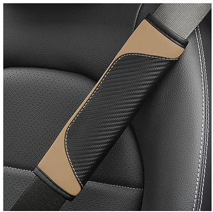 AUCELI 2PCS Carbon Fiber Car Seat Belt Cover, Breathable Leather, Beige