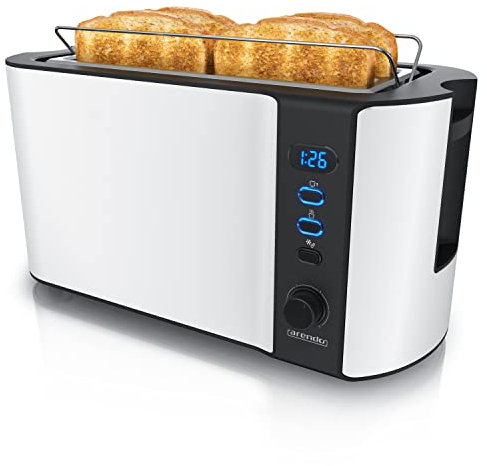Arendo - Grille pain 2 larges fentes 4 tranches écran digital - Grille-pain automatique 3en1-1500W - 6 niveaux réglables décongélation réchauffe viennoiseries plateau à miettes -Toaster Blanc Mat