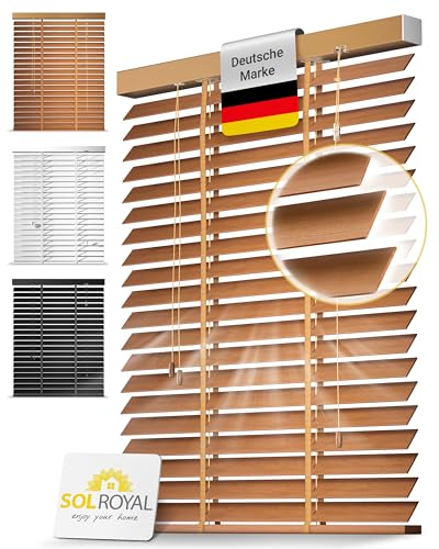 Sol Royal Holzjalousie 50 mm Lamellen extra breit – Fensterjalousie 75x180 cm Holzrollo einfache Montage Wand & Decke – Blickschutz Jalousie Fenster & Tür Massivholz Echtholz Rollo Eichenoptik – BE5