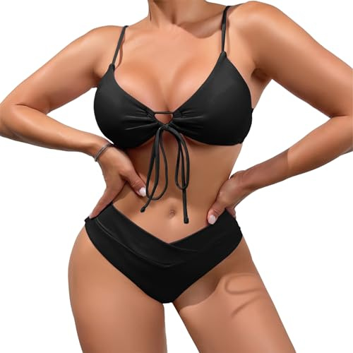 Meioro Conjunto de Bikini para Mujer Traje de Baño Triangulo Recortado, Traje de Baño de Dos Piezas con Cuello en V, Traje de Baño con Cintura Baja, Sexy Traje de Baño con Nudo y Cordón (Negro,XL)