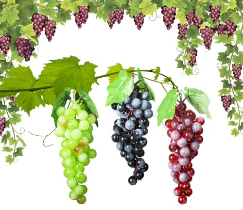 Molyorch 3 Pezzi Frutta Finta, Frutti Artificiali, Decorativi Realistici Uva Grappoli, Frutti D'uva Artificiale, per Decorazione Vino, Puntelli Frutta Artificiali
