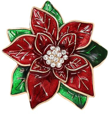 Lezevn Broche rojo de Navidad con diamantes de imitación, diseño de flor de pascua, broche de Navidad, joyería para mujeres y niñas