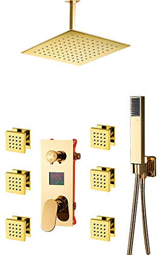 con pantalla digital, juego combinado de ducha mezclador de lluvia dorado, juego de grifo de ducha de baño montado en el techo con cabezal de ducha LED, ducha de mano, chorros corporales, 16 pulgadas