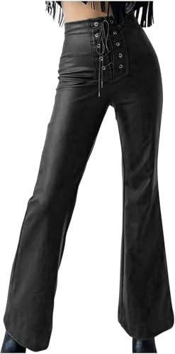 DSAoTeng Pantaloni da donna in pelle con lacci sul davanti, svasati, a vita alta, con fondo a campana, stile casual, vintage, in finta pelle PU, gamba dritta, Nero , S