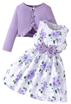 Yanmucy Set i 2 delar, klänning och kofta för småbarn, flickor, blommig klänning med volang, kofta, tröja, helt set med kläder, vårkläder för barn 2–12 år