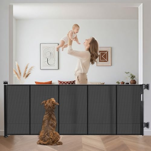 Extra Wide Retractable Baby Gates Pet Gate for Wide Openings Long Dog gate with Rods to Prevent Crawling Through, One Handed Operation,Dog Gates for Doorways Indoor Outdoor
