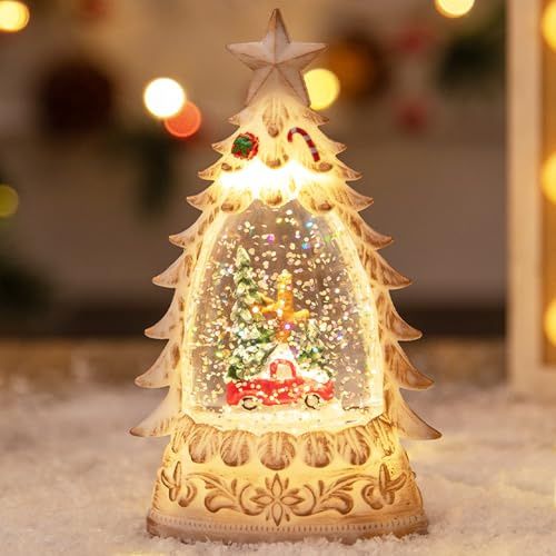 Laterne Weihnachten, Weihnachtslaterne mit Schneegestöber, LED Schneekugel Weihnachten, Schneekugel Beleuchtet, Batteriebetrieben Weihnachtslaterne Vintage, Nachtlicht Weihnachtsdeko Geschenk(Weiß)