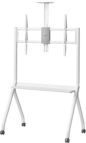 Supporto TV mobile Maclean MC‑114 per schermi da 55-100″ fino a 120 kg VESA fino a 900×600 ruote chiudibili ripiani fotocamera e accessori professionali (bianco)