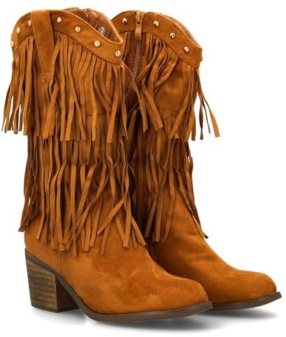 shoes&blues.es Stivale cowboy con frange da donna. Finitura in pelle scamosciata, borchie metalliche, tacco largo comodo. Ottono invernale., cammello, 37 EU