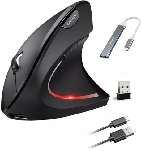 Wowssyo ergonómico Ratón Vertical inalámbrico 2.4G, Bluetooth Ratón Recargable para Windows y Mac OS, óptico, 800/1200/1600 dpi, 5 Botones - Negro