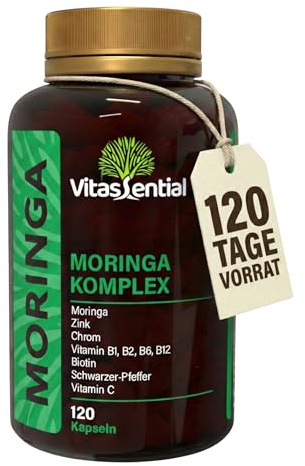 Moringa Komplex - hochdosiert Moringa Oleifera Pulver mit Vitamin C, B1, B2, B6, B12, Biotin, Zink & Chrom – veredelt mit 95% Piperin – 120 pflanzliche Kapseln hochdosiert – GMP-zertifiziert