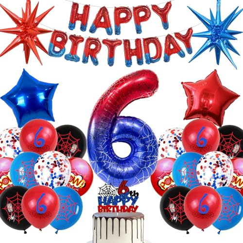 Decoración de Cumpleaños Globos Spider 5 Años, Globo de Aluminio Gigante Numero Telaraña, Fiesta Decoración Compleanno Niño Globos Banner Globo de Látex Torte (Set Cumpleaños Niño 6 Años)