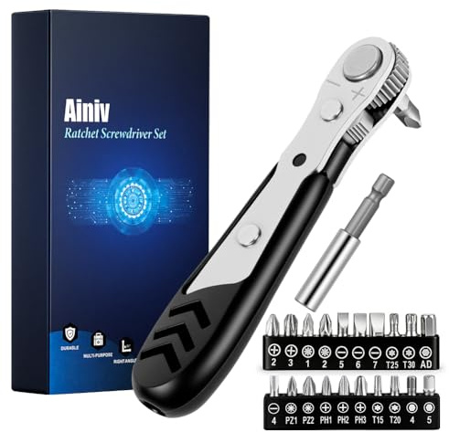Ainiv 22 Piezas Mini Destornilladores Trinquete, Magnético Ángulo Recto Llave Carraca Pequeña Reversible de 6mm Con 1 Varilla Extensión y 20 Puntas Destornillador, 36 Dientes para Espacios Reducidos
