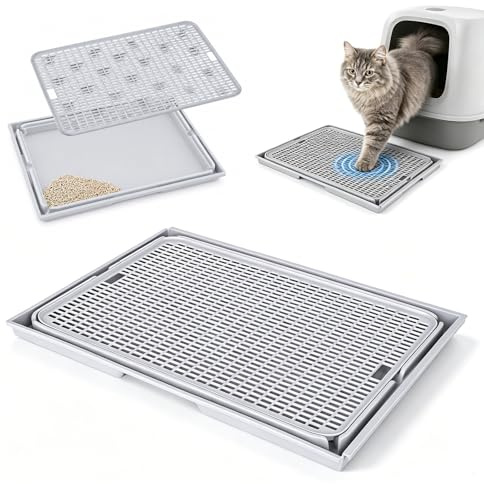 Rampa de arena para gatos con sistema de filtro, pegatinas antideslizantes gratuitas para rampas de arenero para gatos pequeños y mayores, resistente y fácil de limpiar (gris claro)
