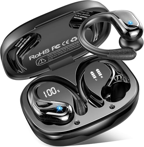 Cuffie Bluetooth Sport, 75 Ore Auricolari Bluetooth 5.4 con 4 ENC Mics, Stereo Cuffie Wireless Antirumore, IP7 Impermeabili Cuffiette Bluetooth con Display LED, Cuffie Senza Filo per Palestra/Running