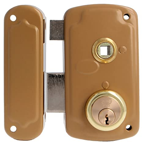 Amig - Serratura da sovrapposizione a sinistra con leva di chiusura, linguetta e maniglia per porte in legno mod. 75UN 66 x 120 mm Cilindro rotondo di sicurezza in acciaio dorato