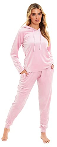 Daisy Dreamer Womens Hooded Velour Lounge Set Soft Stretch-velour Pyjama Sets Loungewear (Pink, L)
