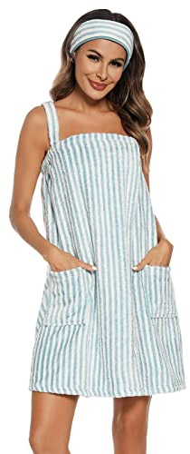 Women’S Petite Soft Spa Body Wrap with Hair Band Adjustable Closure Bath Robe (S,Green Stripe)