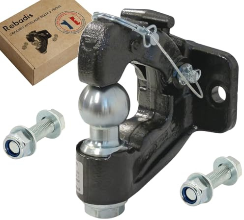 Rebadis Crochet attelage Mixte 3500kg 2 Trous, Chape avec Boule diam 50mm, Anneaux 68 et 76mm. Livré avec visserie