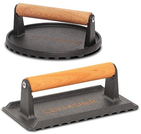 LEVIASHER 2.2 lb Heavy Duty Cast Iron Grill Press, 6.69 in Round 7.8X3.9in Rectangle Burger Press with Wood Handle for Blackstone, Griddle, Chef, Camp, Panini, Vegetable, Bacon, Sandwich, BBQ