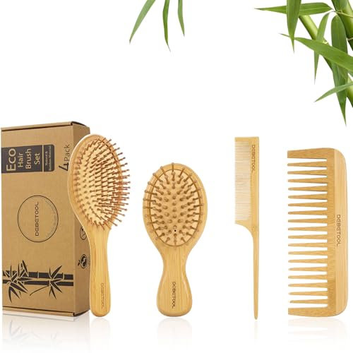 DEBETOOL Set di spazzole per capelli in bambù naturale, spazzola districante e pettine, adatta per capelli spessi/sottili, regalo per donne, uomini e bambini