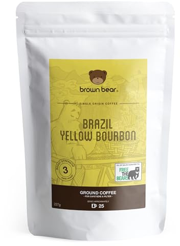 Brazilian Ground Coffee 227g - Brazil Yellow Bourbon Speciality Coffee - Medium Roast - Brown Bear - For For Cafetiere French Press V60 Filter - Strength 3
