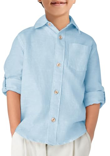 Haloumoning Boys Linen Button Down Dress Shirt Long Sleeve Tops 5-14 years