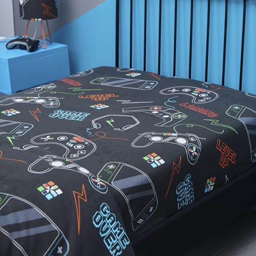 Happy Linen Company Girls Boys Kids Gaming Controller Black Double Fitted Sheet Bedsheet Bedding Bed Linen