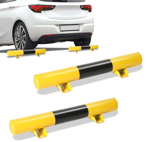 2x Steel Wheel Stopper with Yellow Reflective Strips Steel Parking Barrier - Heavy-Duty Weather-Resistant Parking Stopper for Garages, Driveways, and Parking Lots (60x9.5x7.6cm)